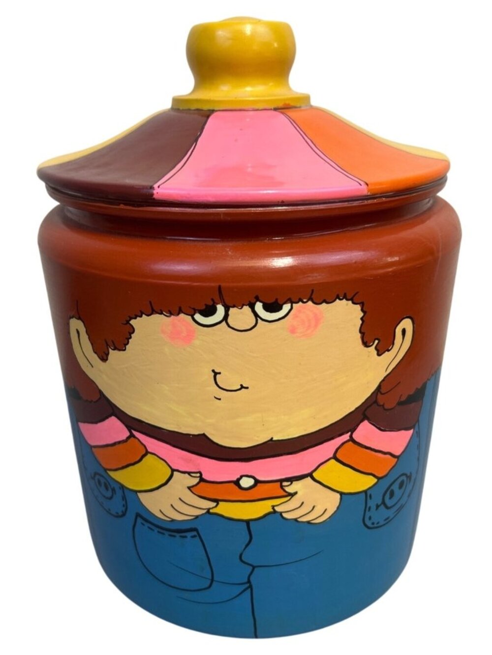Vintage Hand Painted Ceramic Cookie Jar Whimsical Boy Folk Art Kitchen Canister